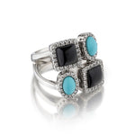 Torquoise, Onyx and Diamond ring. 18kt White Gold