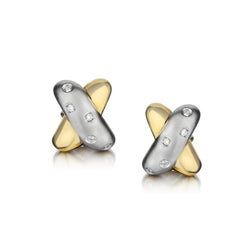 Ladies 18kt Two Tone  "X"  Stud Earings with Diamonds .