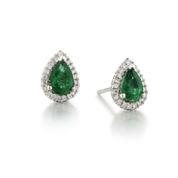 18kt White Gold Green Emerald and Diamond Stud Earrings.