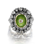 Victorian-Era Peridot And Old-Mine Cut Diamond Gold And Silver Ring