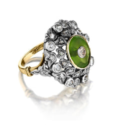 Victorian-Era Peridot And Old-Mine Cut Diamond Gold And Silver Ring