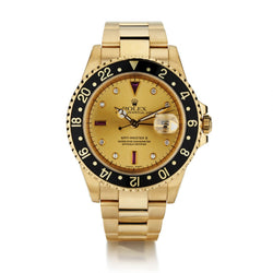 Rolex Rare Yellow Gold GMT Master II Serti Diamond Ruby Dial Watch