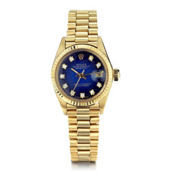 Rolex Oyster Perpetual Ladies Yellow Gold Blue Diamond Dial Datejust Watch