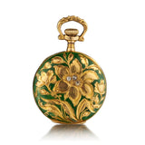 Ladies 18kt Yellow Gold Open Faced Enamel Pocket Watch.  Circa 1899