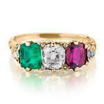 Victorian 18kt Y/G Three Stone Genuine Emerald, Diamond and Ruby Gold Ring
