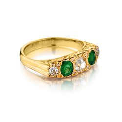 Vintage Mine Cut Diamond and Green Emerald Ring in Original Condition.