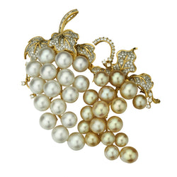 2-In-1 Yellow Gold South Sea Pearl And Diamond Grape on Vine Brooch