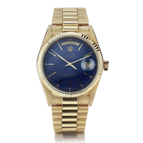 Rolex Oyster Perpetual Day Date Yellow Gold Blue Dial Presidential Watch