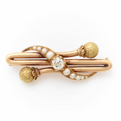 Vintage Gold Victorian Etruscan Diamond & Pearl Brooch