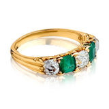 Green Emerald And Old-Mine Cut Diamond 5-Stone Band