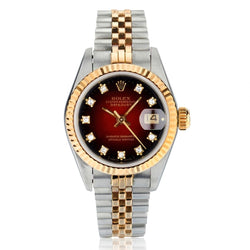 Rolex Oyster Perpetual Lady's Two Tone Red Vignette Diamond Dial Watch