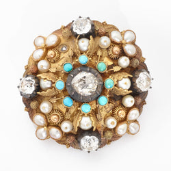 Victorian Rose Cut Diamond, Pearl, Turquoise & Paste Brooch