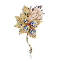 Pink Coral And Diamond Hand-Assembled Enameled Flower Brooch