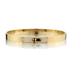 Hermes 18KT Yellow Gold Kelly Bangle With Pave Diamonds SZ 19