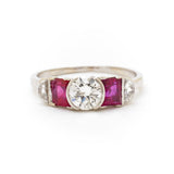 Art Deco Early Brilliant Cut Diamond & Ruby Platinum Ring