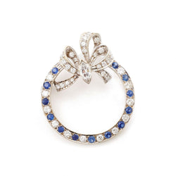 Diamond & Sapphire Open Circle White Gold Bow Motif Brooch