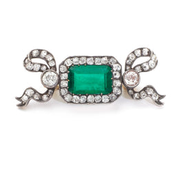 Victorian Green Emerald & Diamond Bow Pendant Brooch
