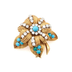 Retro French Diamond & Turquoise Yellow Gold Flower Brooch