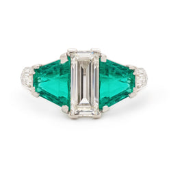 Art Deco Emerald-Cut Diamond & Green Emerald Ring