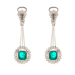 Green Emerald & Diamond Trefoil White Gold Drop Earrings