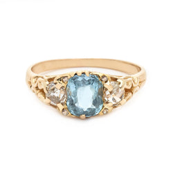 Victorian Three Stone Aquamarine Diamond Gold Ring