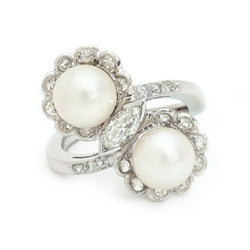 Vintage Pearl And Diamond Flower Crossover Ring