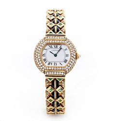 Cartier Ellipse Emerald, Onyx & Diamond Gold Watch