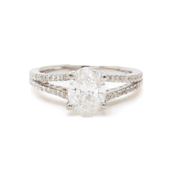 Oval Faceted Diamond White Gold Ring With Split Shank Mount