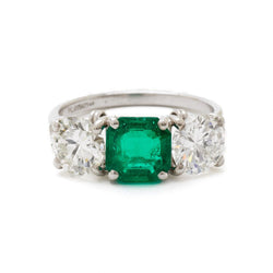Magnificent Green Emerald & Round Brilliant Cut Diamond Platinum Ring