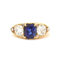 Victorian Three Stone Sapphire & Diamond Yellow Gold Ring