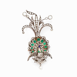 Vintage Old-Rose Cut Diamond, Emerald & Pearl Peacock Brooch/Pendant