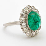 Vintage Cabachon Green Emerald & Diamond Platinum Ring