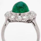 Vintage Cabachon Green Emerald & Diamond Platinum Ring