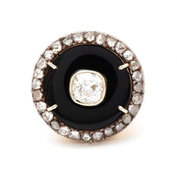 Vintage 1.02 Carat Old-Mine Cut Diamond, Onyx & Gold Ring