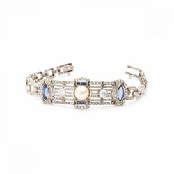 Vintage Pearl, Diamond & Blue Sapphire Platinum Bracelet