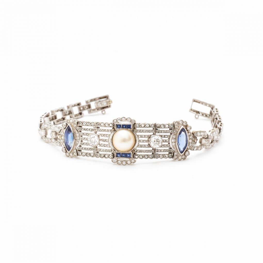 Vintage Pearl, Diamond Blue Sapphire Platinum Bracelet – Van Rijk