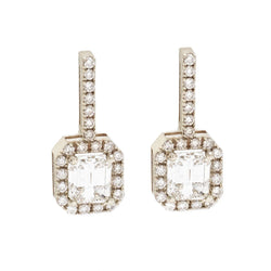 Emerald Cut Diamond Drop Earrings with Halo of Diamonds