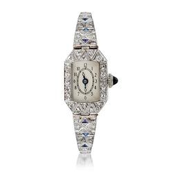 Ladies Vintage Platinum Diamond and Blue Sapphire Watch. Circa 1930's