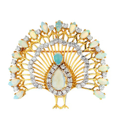 18kt Yellow Gold Opal and Diamond Peacock Brooch / Pendant