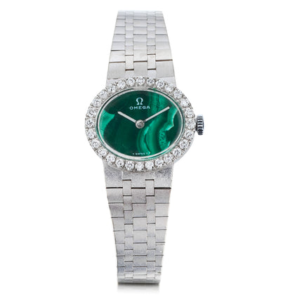Omega Ladies Malachite and Diamond Dress Watch in 18kt White Gold. 41 Grams