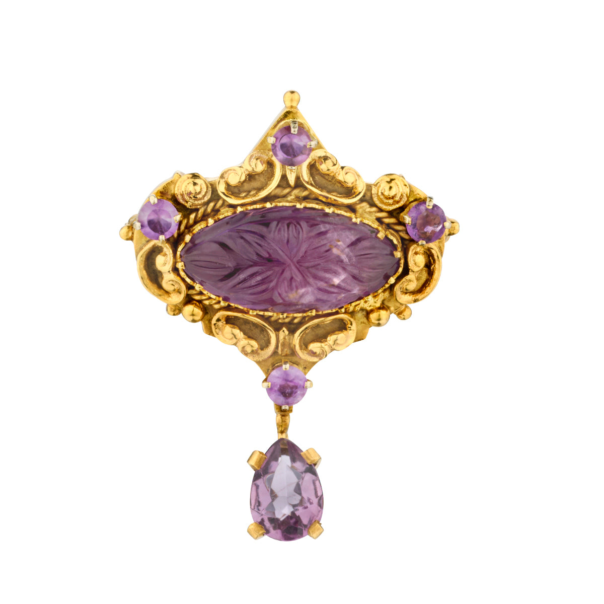 Victorian 14kt Yellow Gold Carved Amethyst Brooch / Pendant