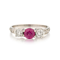 Ladies Platinum 3 Stone Ruby and Diamond Ring.