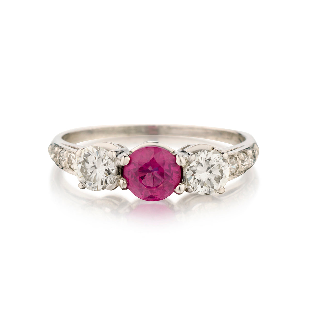 Ladies Platinum 3 Stone Ruby and Diamond Ring.