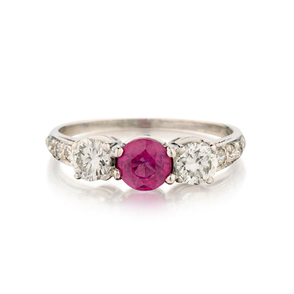 Ladies Platinum 3 Stone Ruby and Diamond Ring.