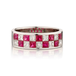 18kt White Gold Ruby and Diamond Checkerboard Design Ring