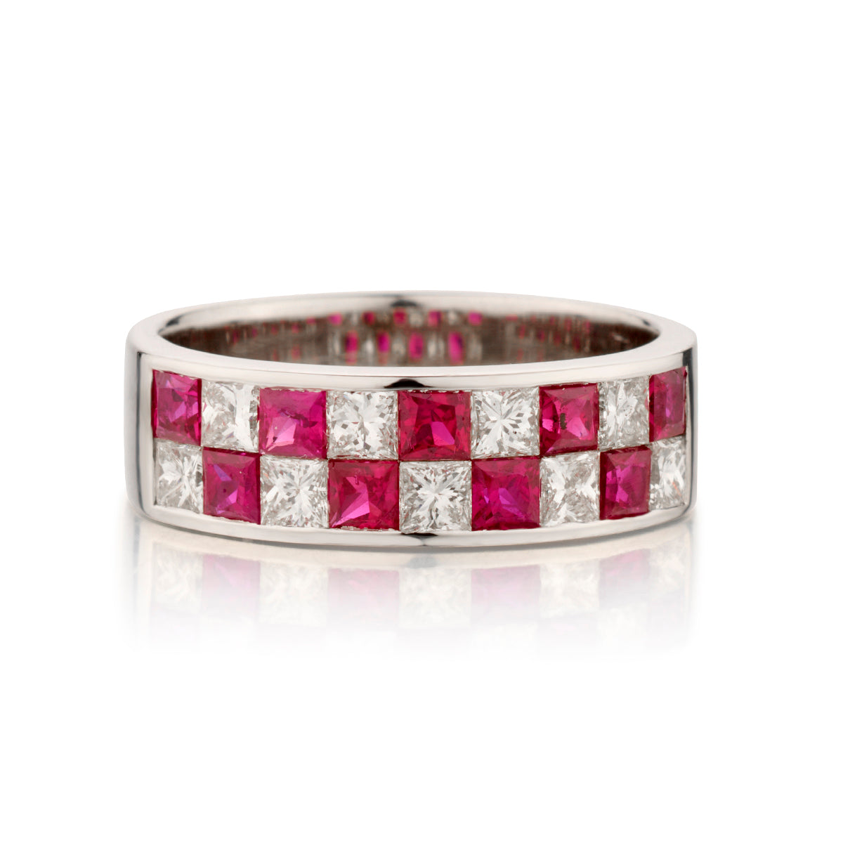 18kt White Gold Ruby and Diamond Checkerboard Design Ring