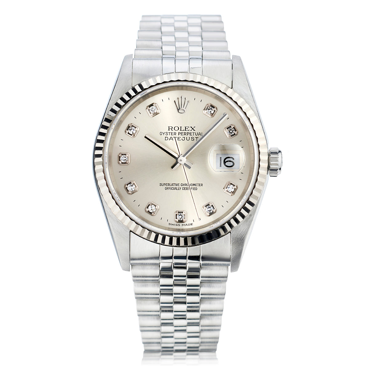 Rolex Oyster Perpetual Datejust Silver Diamond Dial Watch. Ref