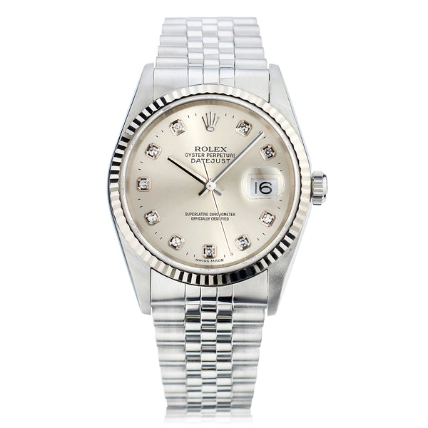 Rolex Oyster Perpetual Datejust Silver Diamond Dial Watch. Ref