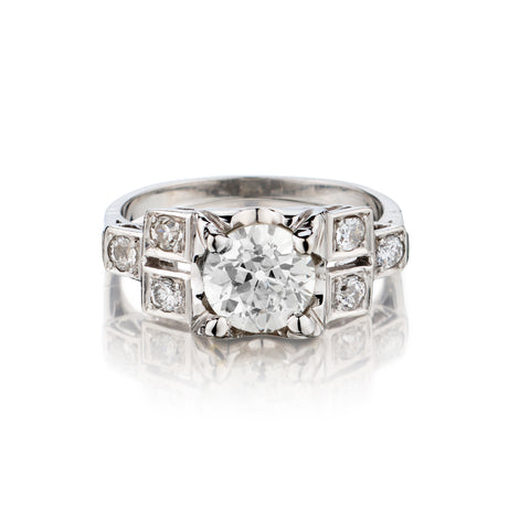 Platinum Art Deco Vintage Diamond Ring. 1.60 Old-European Cut