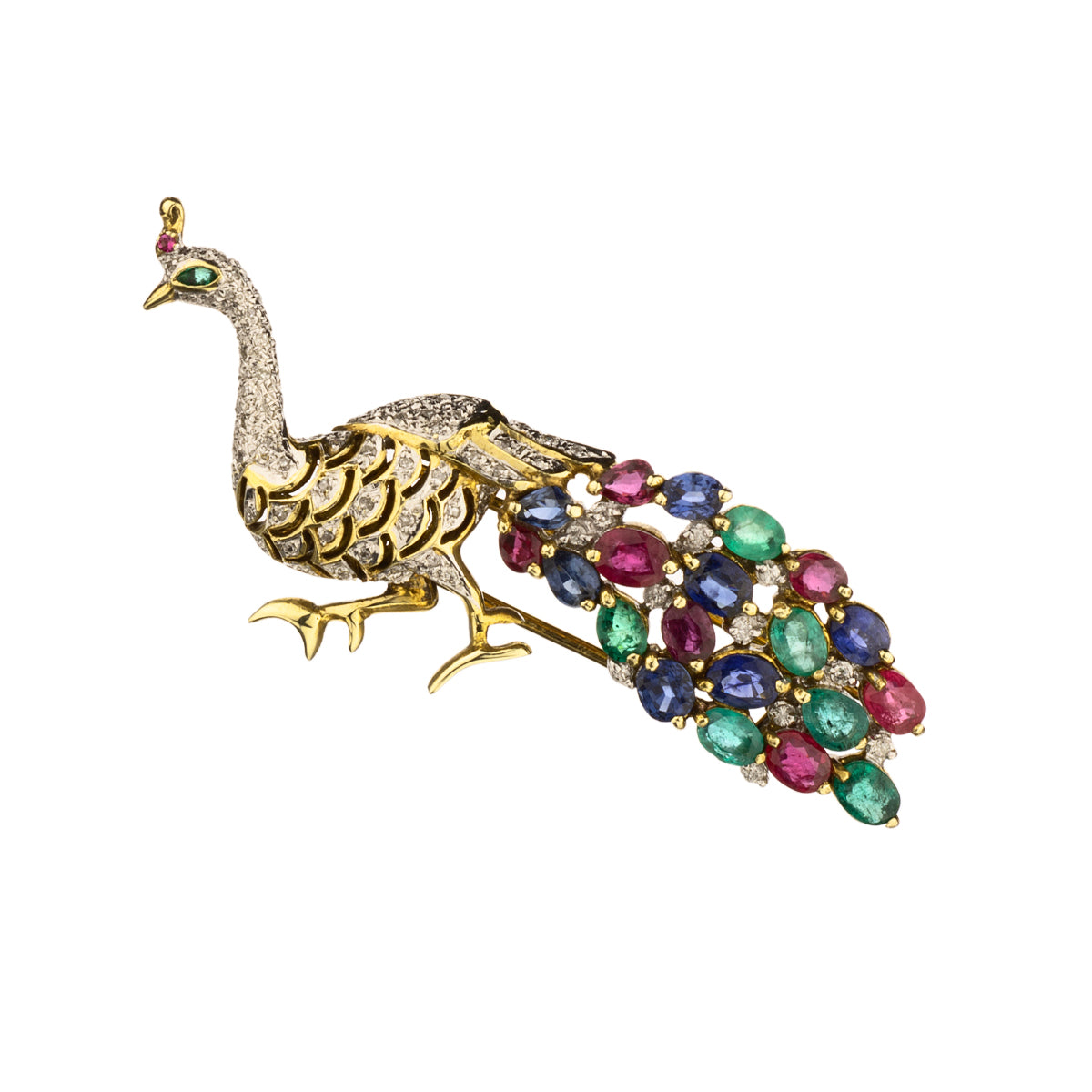 14kt Yellow Gold Precious Stone Peacock Brooch